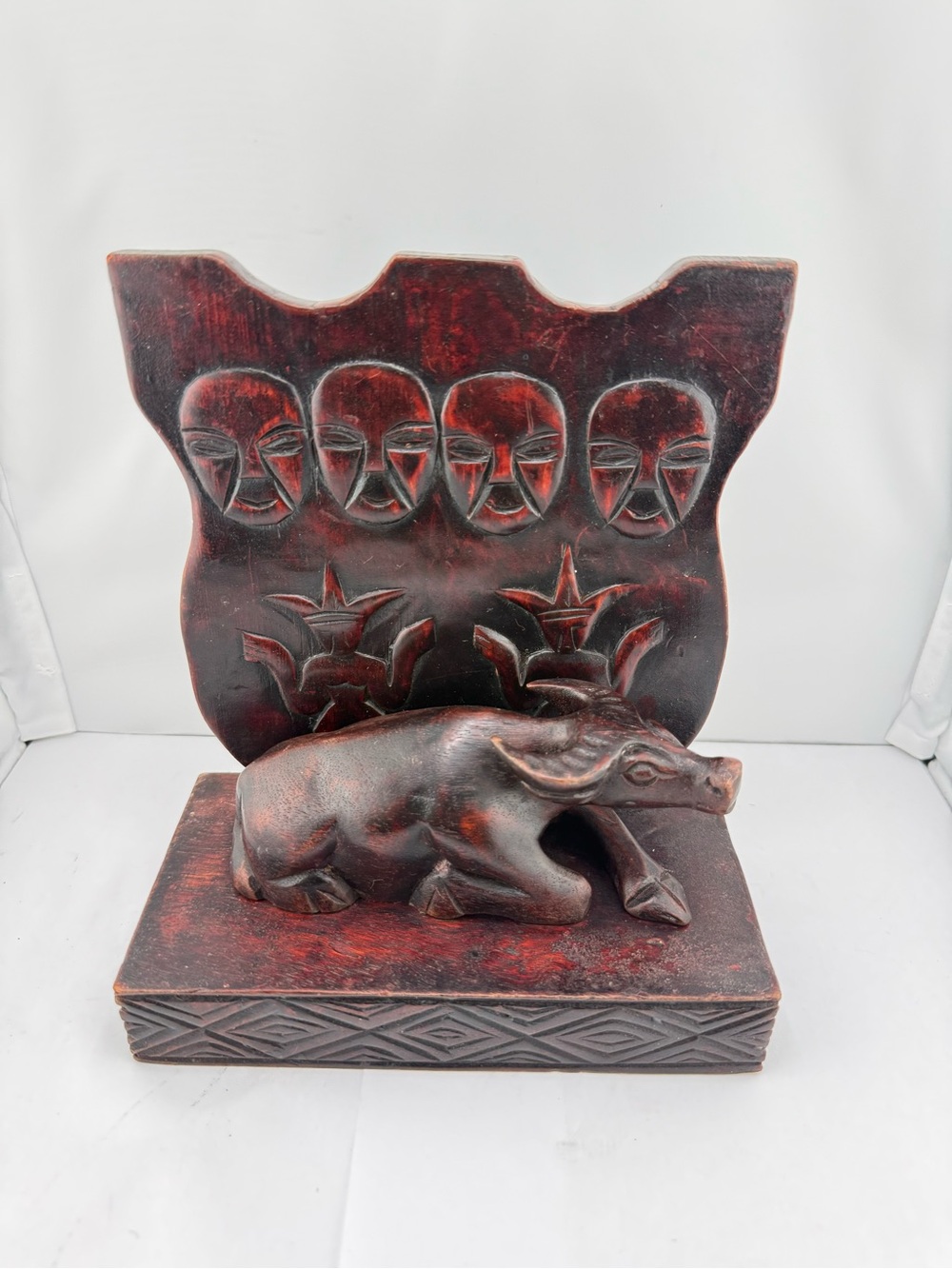 African Cherry Wood Bison and Tribal Mask 8 Inch Tall Book End